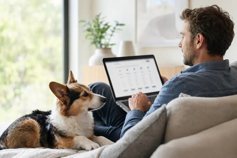 Ein Hundebesitzer mit Laptop auf dem Sofa, neben einem Welsh Corgi Pembroke, während er eine Versicherungsvergleichsseite betrachtet.