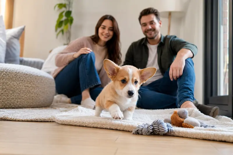 Ein neugieriger Welsh Corgi Pembroke Welpe entdeckt seine weiche Decke und Spielzeuge in einer freundlichen Wohnung.