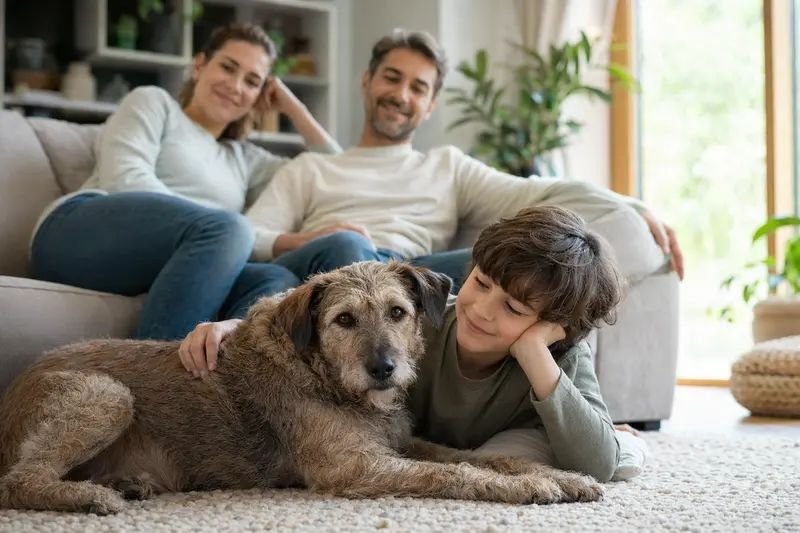 Ein freundlicher Welsh Hound liegt entspannt neben einem Kind im hellen Wohnzimmer, während die Eltern im Hintergrund eine sichere Familienatmosphäre schaffen.