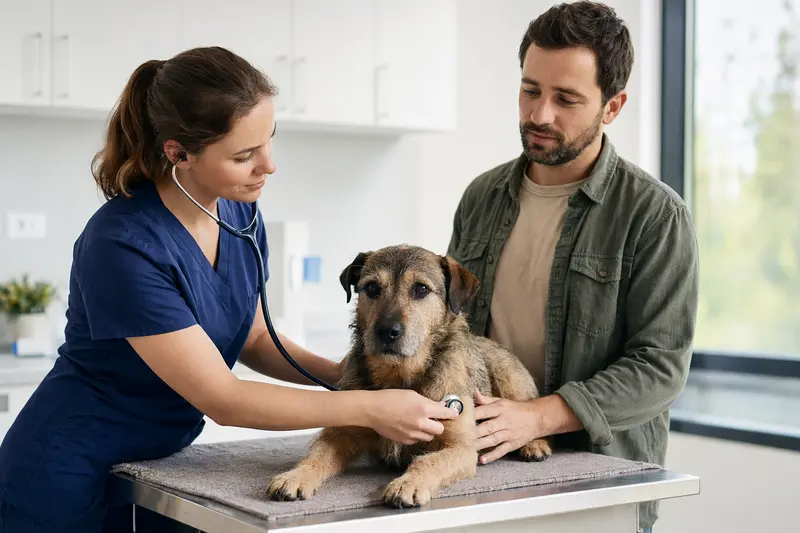 Ein ruhiger Welsh Hound wird von einer Tierärztin mit einem Stethoskop in einer modernen Praxis untersucht, während der Besitzer beruhigend danebensteht.