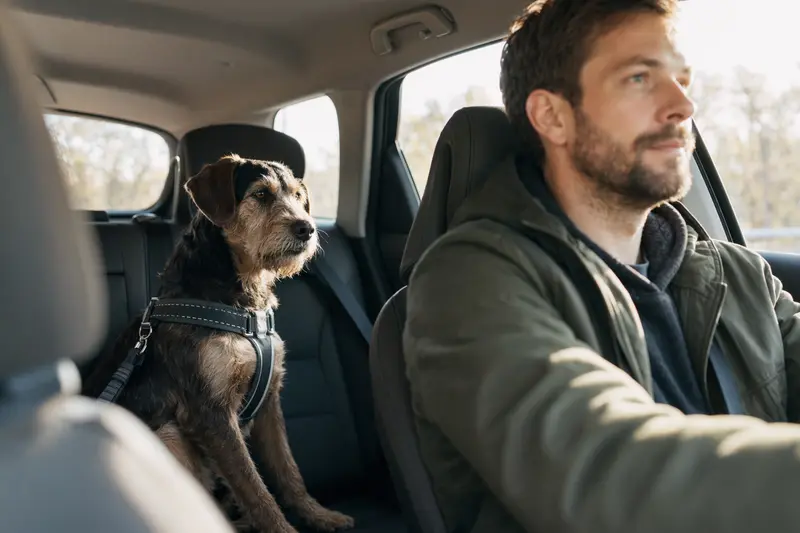 Ein Welsh Hound sitzt sicher angeschnallt auf der Rückbank eines Autos, während der Besitzer ruhig fährt.