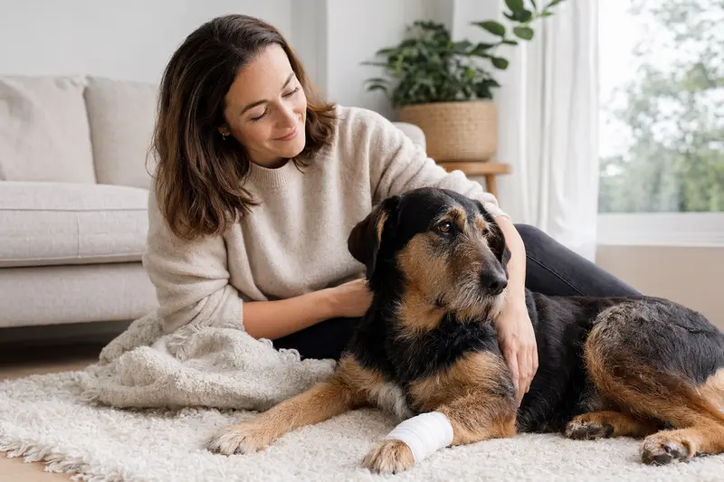 Ein Welsh Hound mit einem leichten Verband an der Pfote liegt entspannt auf einer Decke, während sein Besitzer erleichtert daneben sitzt.