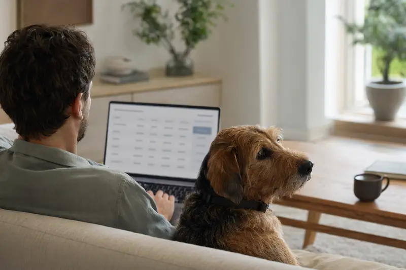 Ein Hundebesitzer sitzt mit einem Laptop auf dem Sofa, während ein Welsh Hound entspannt daneben liegt und eine neutrale Versicherungsvergleichs-Webseite angezeigt wird.