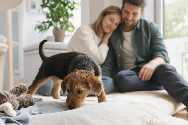 Ein neugieriger Welsh Hound Welpe entdeckt glücklich sein neues Zuhause mit einer weichen Decke und Spielzeug.