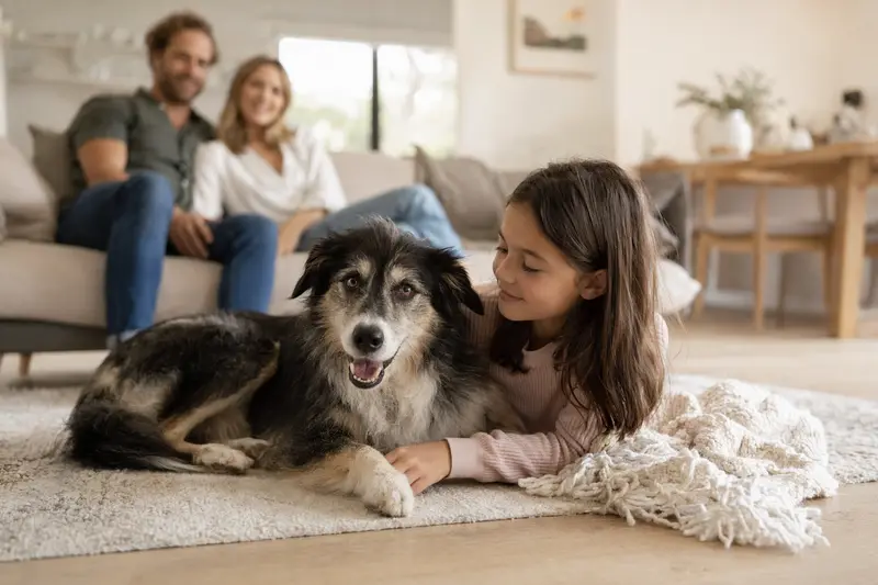 Ein Welsh Sheepdog liegt entspannt neben einem Kind im Wohnzimmer, während die Eltern im Hintergrund eine sichere Familienatmosphäre schaffen.
