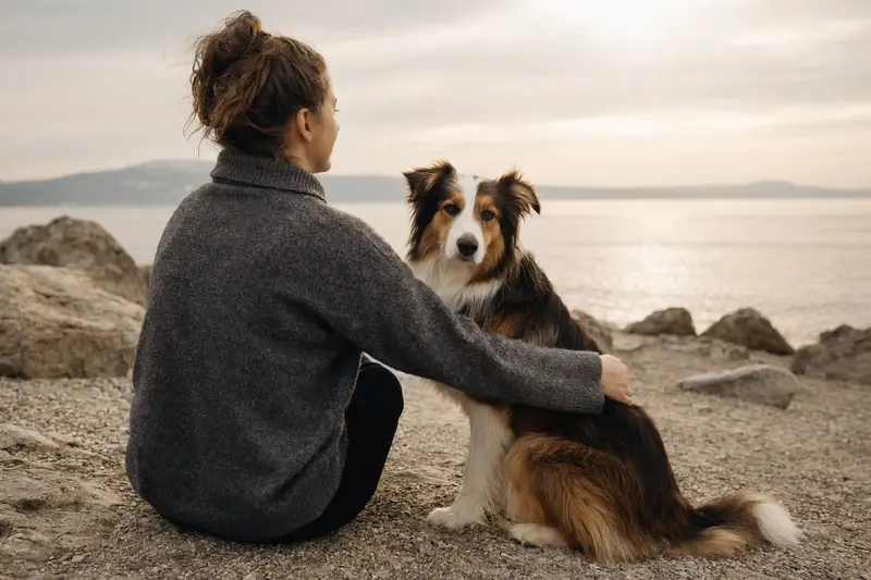 Ein aufmerksamer Welsh Sheepdog steht in natürlicher Haltung vor hellem Hintergrund und zeigt die typischen Merkmale der Hunderasse.