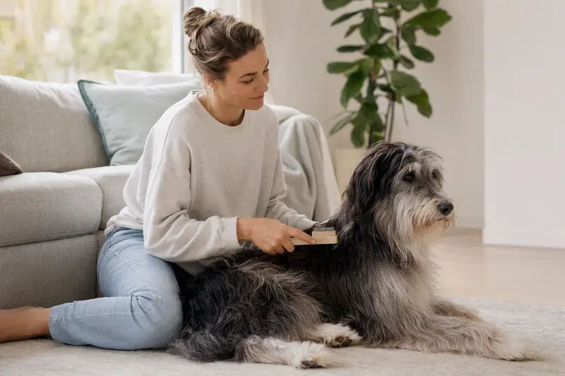 Ein Welsh Sheepdog wird in einer hellen Wohnung liebevoll gebürstet, während der Besitzer die Fellpflege ruhig und fürsorglich übernimmt.