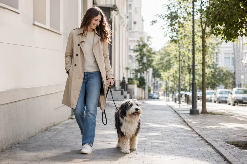 Ein Welsh Sheepdog läuft an der Leine mit seinem Besitzer durch eine freundliche moderne Stadtstraße.