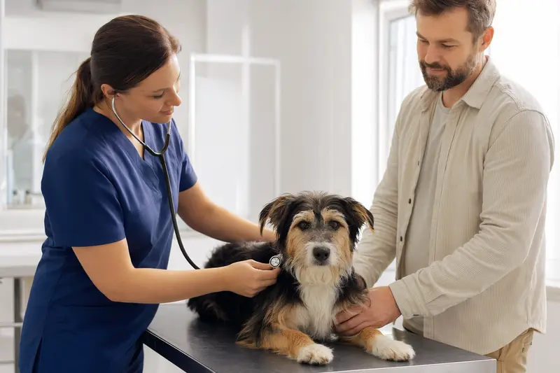Eine Tierärztin untersucht einen ruhigen Welsh Sheepdog mit dem Stethoskop, während der Besitzer in der modernen Tierarztpraxis beruhigend danebensteht.