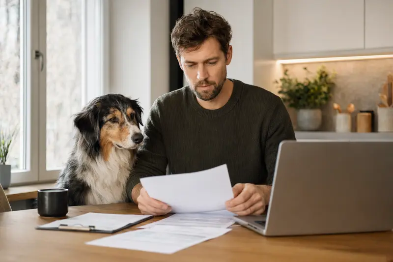 Ein Welsh Sheepdog sitzt ruhig neben seinem Besitzer am Küchentisch mit Versicherungsunterlagen und einem Laptop zur Hundekrankenversicherung.