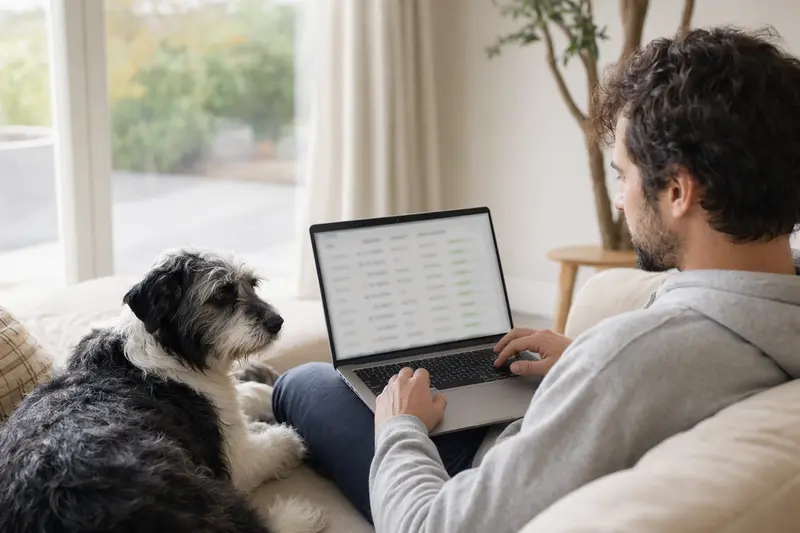 Ein Halter arbeitet am Laptop im Wohnzimmer, während sein Welsh Sheepdog entspannt daneben sitzt und die neutrale Versicherungsvergleichsoberfläche auf dem Bildschirm sichtbar ist.