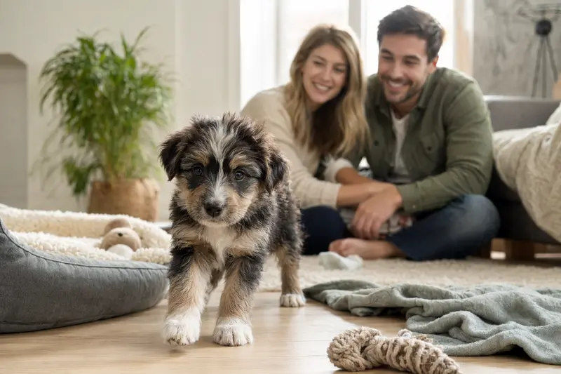 Ein junger Welsh Sheepdog Welpe erkundet neugierig sein neues Zuhause auf einer weichen Decke mit Spielzeug in einer hellen, liebevollen Wohnung.