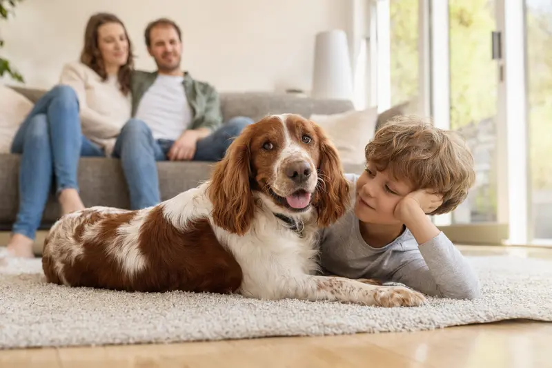 Ein freundlicher Welsh Springer Spaniel liegt entspannt neben einem Kind im hellen Wohnzimmer, während die Eltern im Hintergrund für eine sichere Familienatmosphäre sorgen.