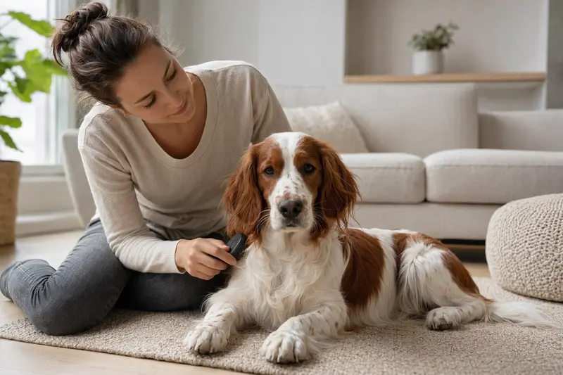 Ein Welsh Springer Spaniel wird zuhause von seinem Besitzer sanft gebürstet und gepflegt.