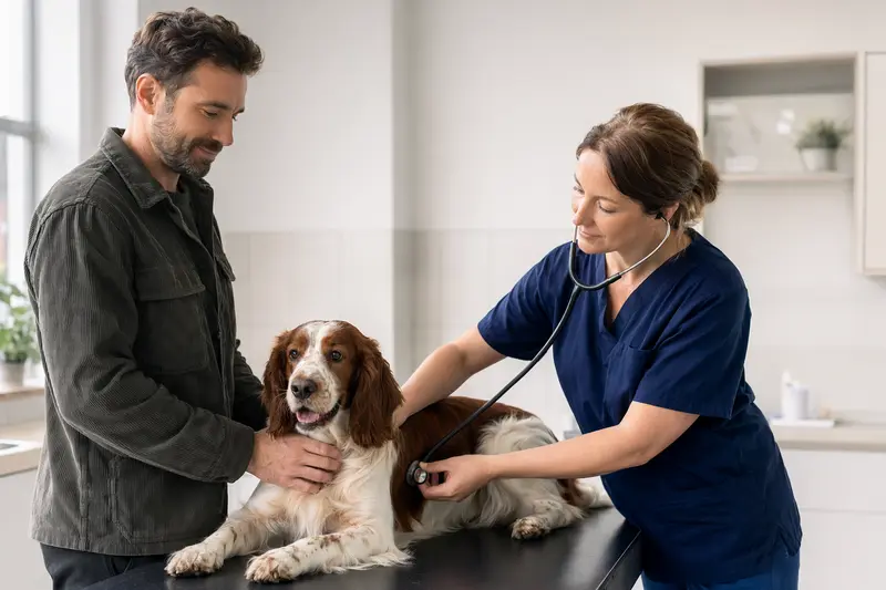 Ein Welsh Springer Spaniel wird von einer Tierärztin in einer modernen Praxis untersucht, während der Besitzer beruhigend daneben steht.