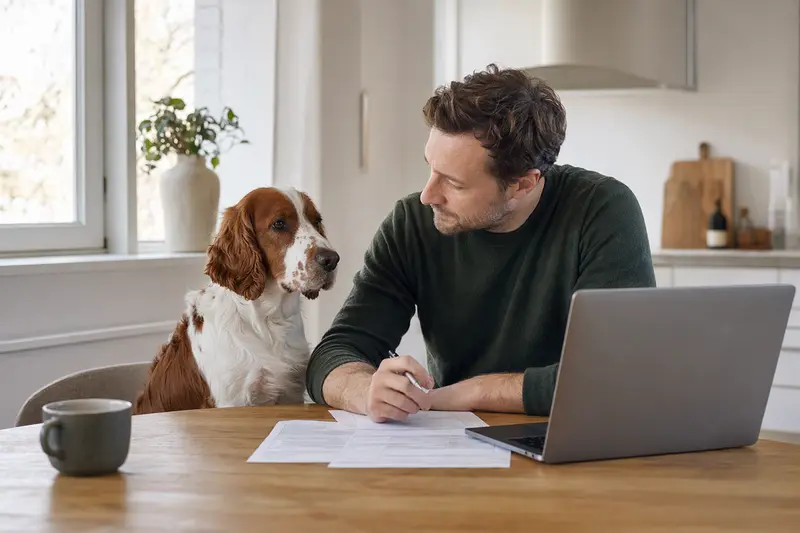 Ein Welsh Springer Spaniel sitzt ruhig neben seinem Besitzer am Küchentisch, während Versicherungsunterlagen und ein Laptop mit Vergleichsseite für die Tierversicherung liegen.
