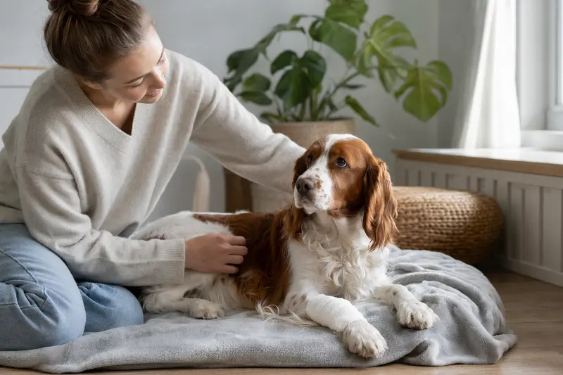 Ein Welsh Springer Spaniel liegt mit leicht bandagierter Pfote ruhig auf einer Decke, während sein Besitzer neben ihm sitzt und erleichtert wirkt.