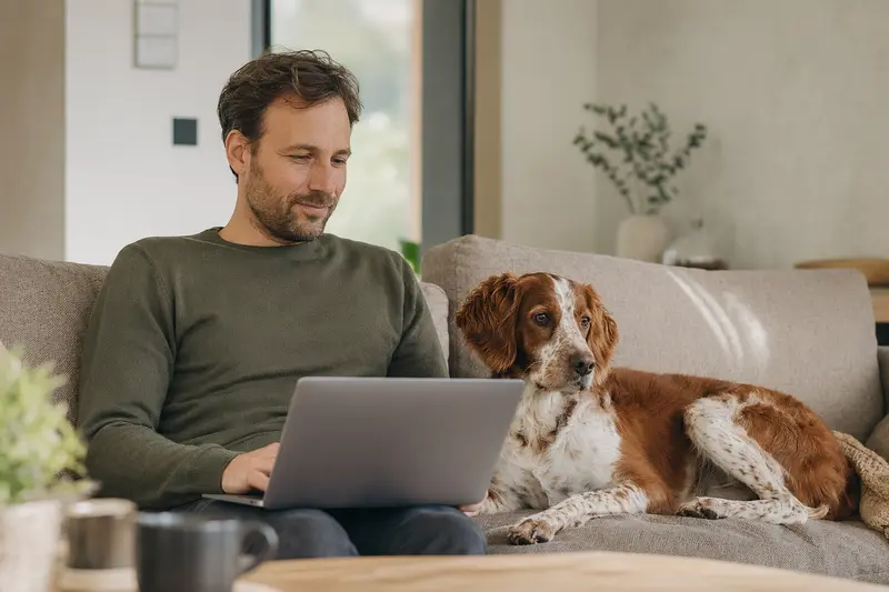 Ein Hundebesitzer arbeitet mit einem Laptop auf dem Sofa, während ein Welsh Springer Spaniel neben ihm sitzt.