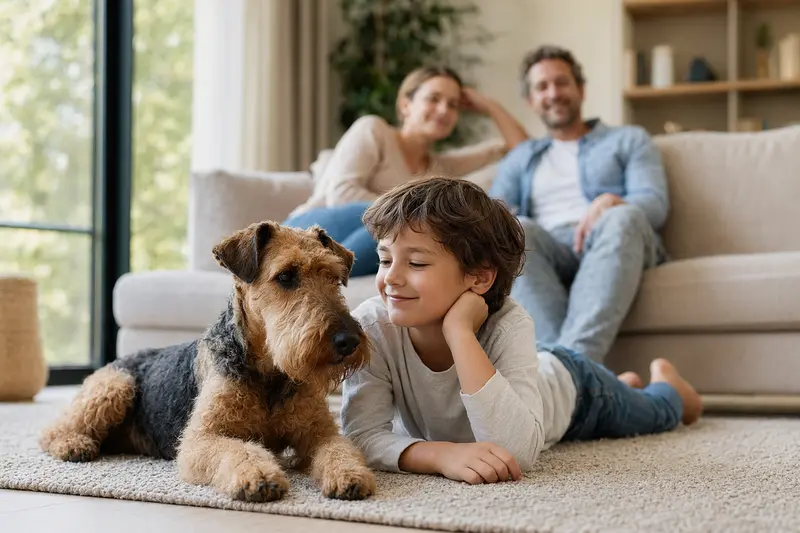 Ein freundlicher Welsh Terrier liegt entspannt neben einem Kind im hellen Wohnzimmer, während die Eltern im Hintergrund eine sichere Familienatmosphäre vermitteln.
