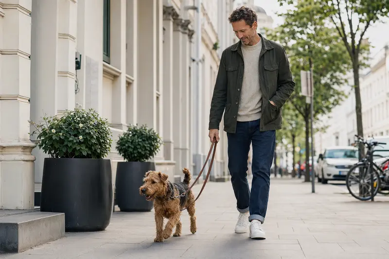 Ein Welsh Terrier läuft an der Leine mit seinem Besitzer durch eine freundliche moderne Stadtstraße.