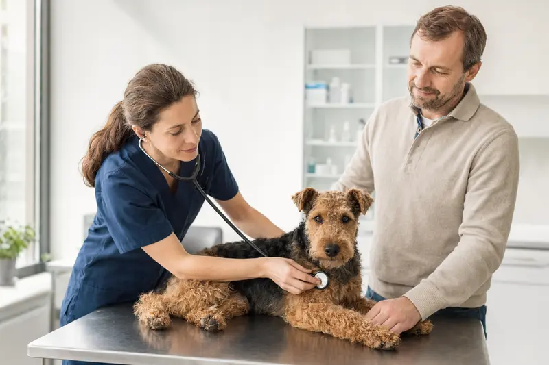 Ein Welsh Terrier wird von einer Tierärztin auf einem Untersuchungstisch behutsam untersucht.