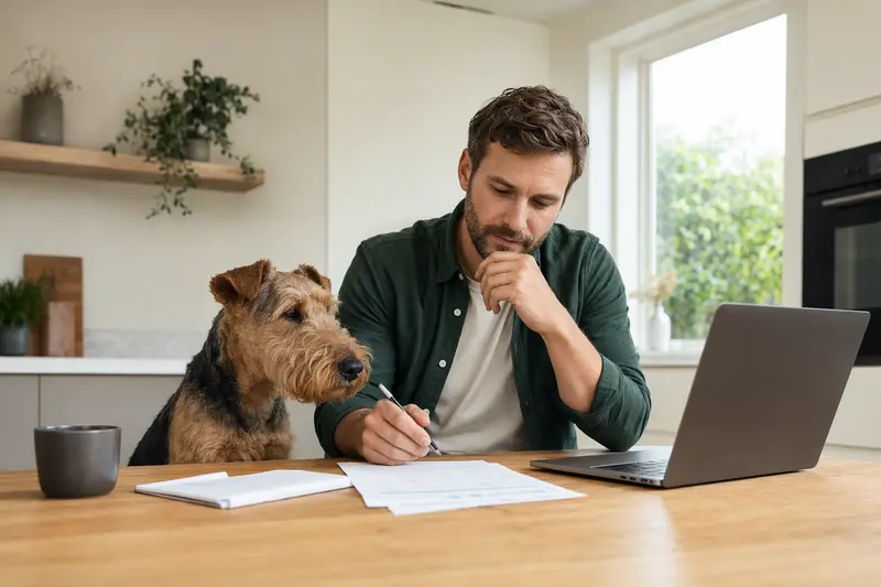Ein Welsh Terrier sitzt ruhig neben seinem Besitzer am Küchentisch mit Versicherungsunterlagen und einem Laptop zur Hundekrankenversicherung.