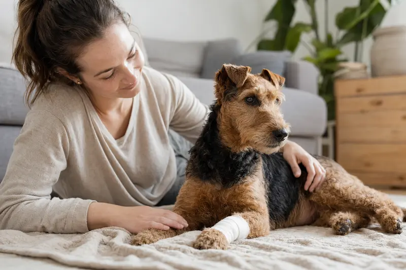 Ein Welsh Terrier mit leicht verbundenen Pfote liegt ruhig auf einer Decke, während sein Besitzer neben ihm sitzt und erleichtert wirkt.