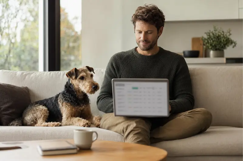 Ein Hundebesitzer sitzt entspannt mit einem Welsh Terrier auf dem Sofa und vergleicht Versicherungsangebote auf seinem Laptop.