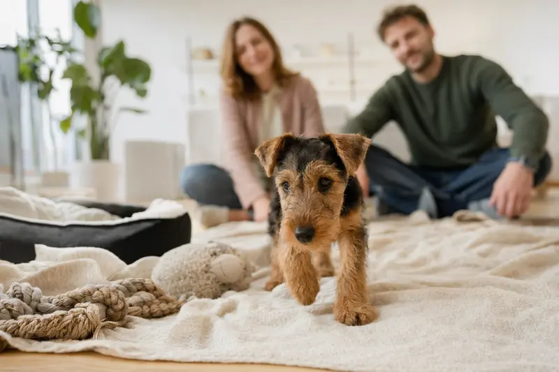 Ein neugieriger Welsh Terrier Welpe entdeckt sein neues Zuhause mit einer weichen Decke und Spielzeug, während eine liebevolle Familie im Hintergrund zu sehen ist.