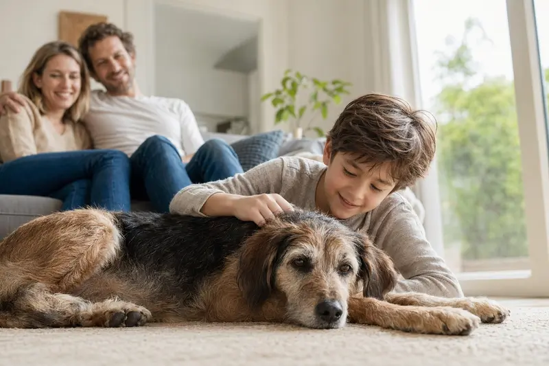 Ein West Country Harrier Hund liegt entspannt neben einem Kind im hellen Wohnzimmer einer Familie.
