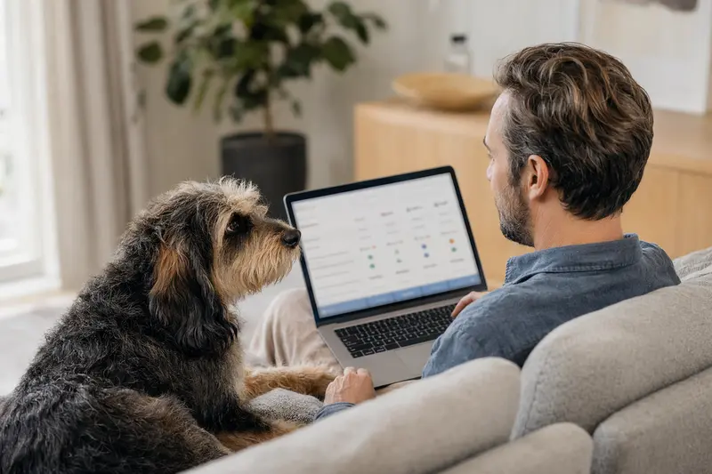 Ein Hundebesitzer arbeitet mit einem Laptop auf dem Sofa, während ein West Country Harrier neben ihm sitzt.