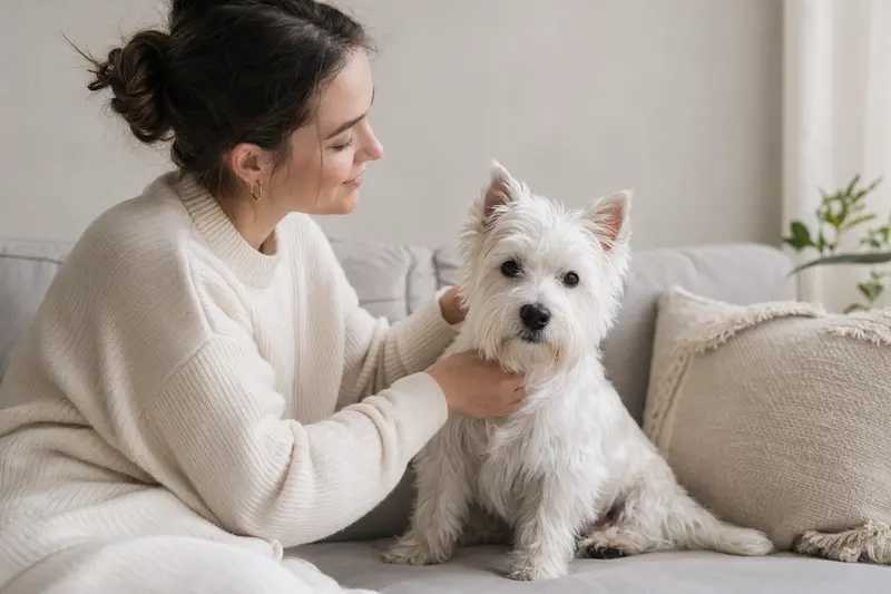 West Highland White Terrier im Portrait vor hellem Hintergrund, aufmerksam stehend und typisch für die Rasse dargestellt.