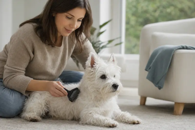 Ein West Highland White Terrier wird zuhause liebevoll gebürstet und erhält sorgfältige Fellpflege.