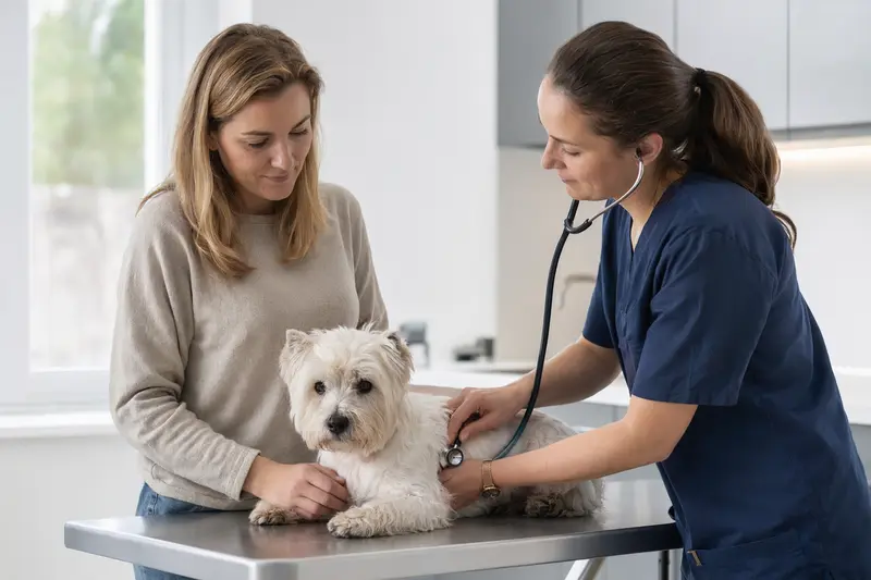 Ein ruhiger West Highland White Terrier wird von einer freundlichen Tierärztin auf einem Untersuchungstisch untersucht.