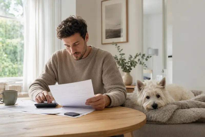 Besitzer sitzt mit Tierarztrechnung am Tisch, während ein entspannter West Highland White Terrier auf einer Decke liegt, als Bild zur Hundekrankenversicherung.