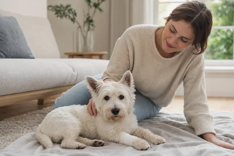 Ein West Highland White Terrier mit leicht verbundenem Vorderpfötchen liegt ruhig auf einer Decke, während sein Besitzer neben ihm sitzt und erleichtert wirkt.