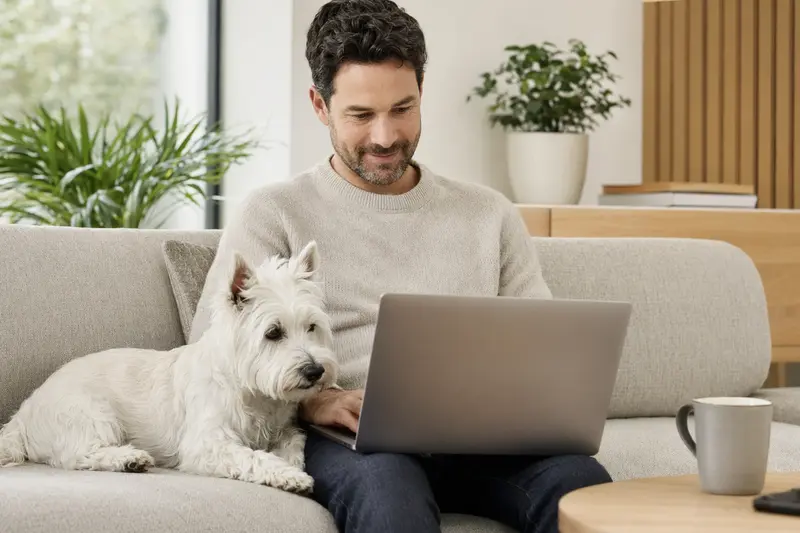 Ein Hundebesitzer sitzt mit einem West Highland White Terrier auf dem Sofa und vergleicht online Tierkrankenversicherungen.