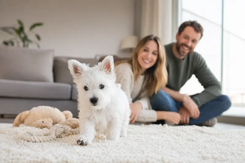 Ein neugieriger West Highland White Terrier Welpe erkundet sein neues Zuhause auf einer weichen Decke.