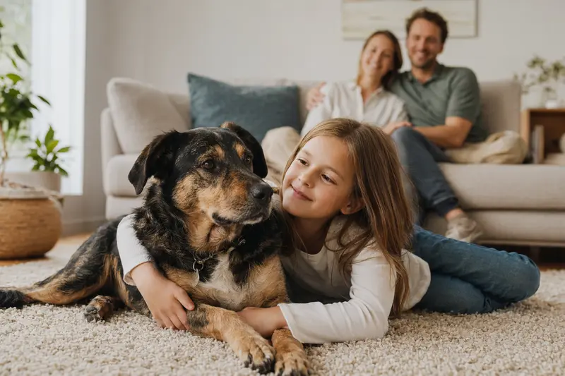 Ein freundlicher Westerwälder Kuhhund liegt entspannt neben einem Kind im Wohnzimmer, während die Eltern im Hintergrund stehen und die helle Familienszene Vertrauen vermittelt.