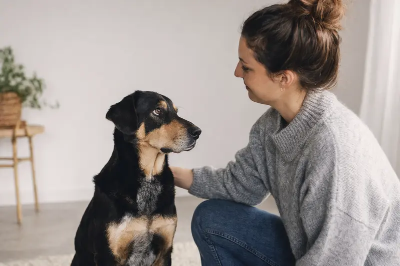 Westerwälder Kuhhund in aufmerksamer Haltung vor hellem, neutralem Hintergrund als realistisches Hunderassen-Porträt.