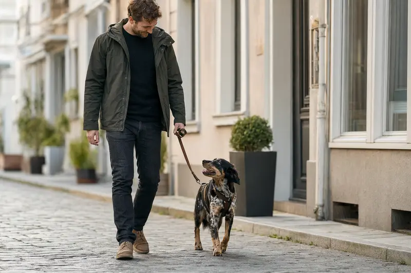 Ein Westerwälder Kuhhund läuft entspannt an der Leine mit seinem Besitzer durch eine saubere moderne Stadtstraße.