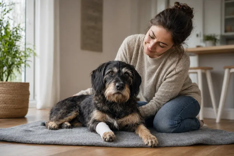 Ein Westerwälder Kuhhund mit leicht verbundenem Pfotenverband liegt ruhig auf einer Decke, während sein Besitzer erleichtert neben ihm sitzt.