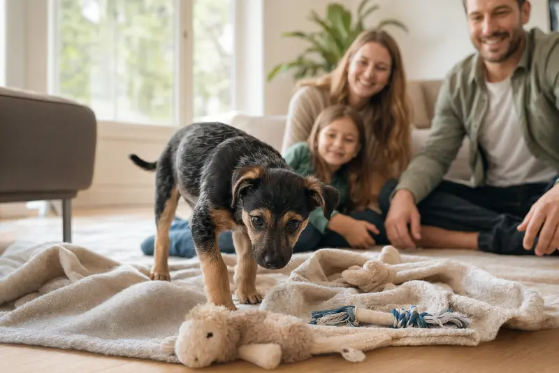 Ein junger Westerwälder Kuhhund Welpe erkundet neugierig sein neues Zuhause auf einer weichen Decke mit Spielzeug in einer hellen Wohnung.
