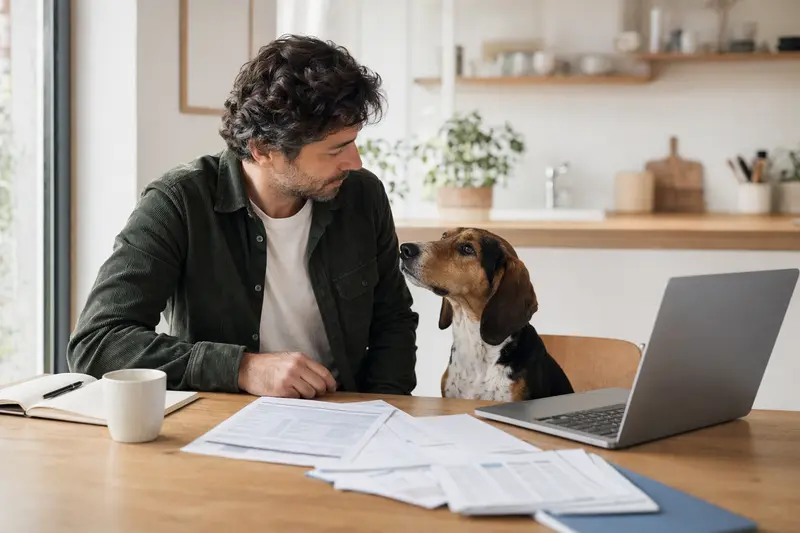 Ein Westfälische Bracke Hund sitzt ruhig neben seinem Besitzer am Küchentisch mit Versicherungsunterlagen und Laptop zur Hundekrankenversicherung.