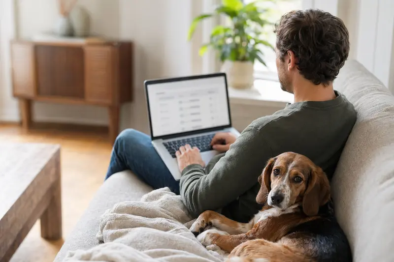Ein Hundebesitzer arbeitet am Laptop auf dem Sofa, während ein Westfälische Bracke neben ihm sitzt und eine Versicherungsvergleichsseite auf dem Bildschirm zu sehen ist.
