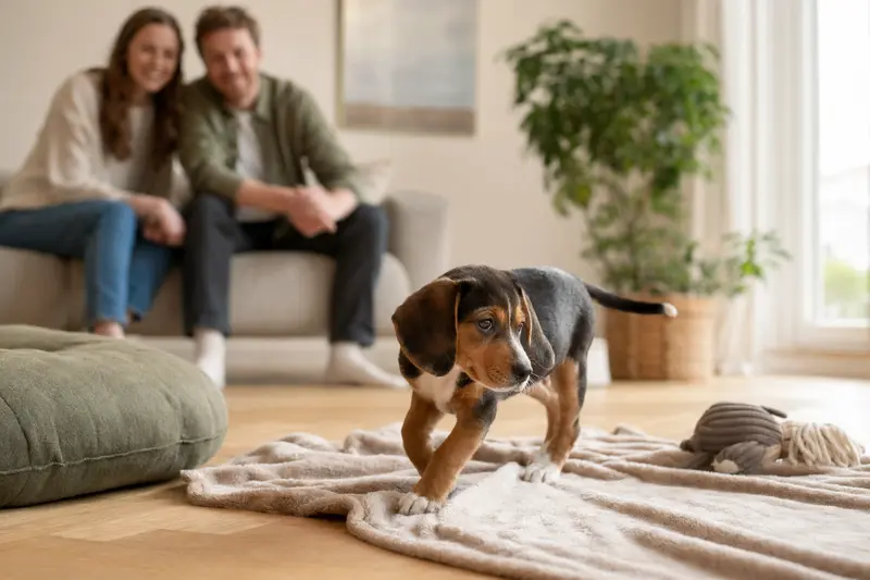Ein junger Westfälische Bracke Welpe erkundet neugierig sein neues Zuhause auf einer weichen Decke mit Spielzeug, während im Hintergrund eine liebevolle Familie zu sehen ist.