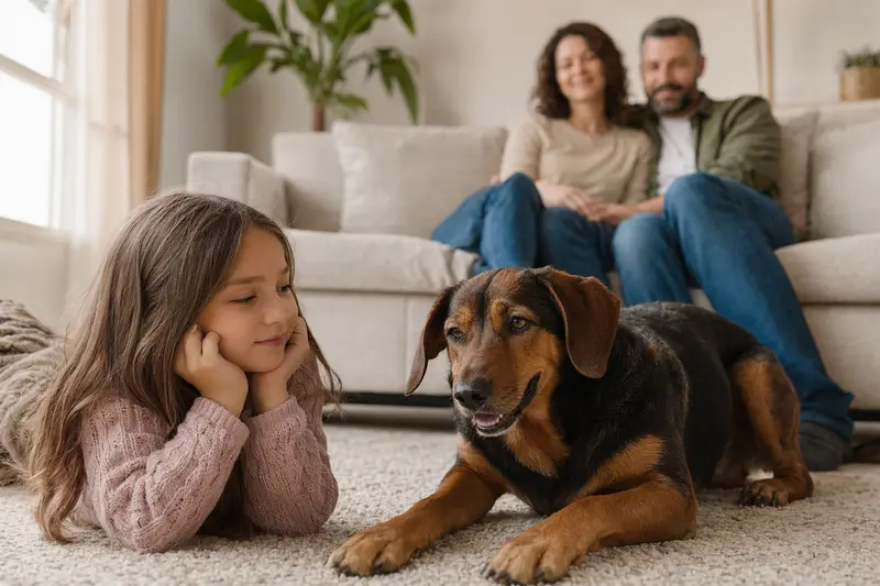 Westfälische Dachsbracke liegt entspannt neben einem Kind im Wohnzimmer in einer sicheren Familienatmosphäre.