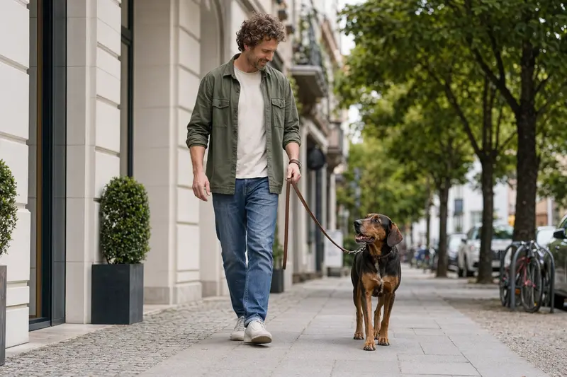 Ein Westfälische Dachsbracke läuft an der Leine mit seinem Besitzer durch eine freundliche Stadtstraße.
