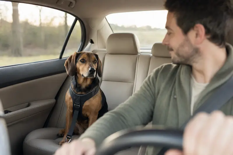 Eine Westfälische Dachsbracke sitzt sicher angeschnallt auf der Rückbank eines Autos, während der Besitzer ruhig fährt.