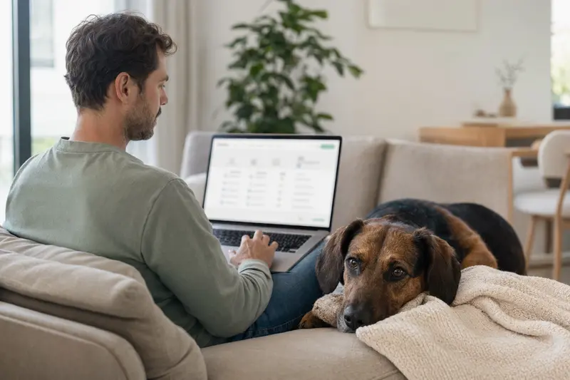 Ein Hundebesitzer mit einer Westfälischen Dachsbracke arbeitet am Laptop, während er eine neutrale Versicherungsvergleichsseite betrachtet.